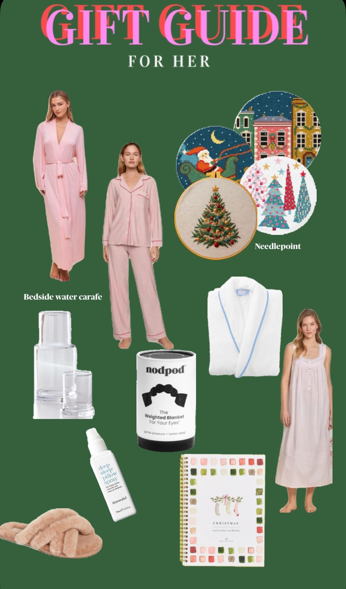 Gift guide for her | luxury gifts | sleep gifts | needle point gifts 

#LTKSeasonal #LTKGiftGuide #LTKHoliday