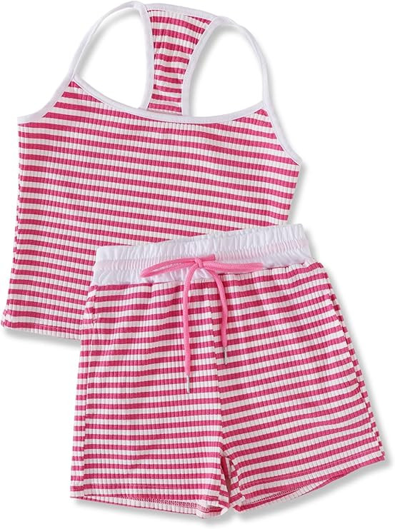 Size 7-14Y Girls Clothes 2 Piece Outfits Striped Tank Top Drawstring Shorts Teen Girls Summer Clo... | Amazon (US)