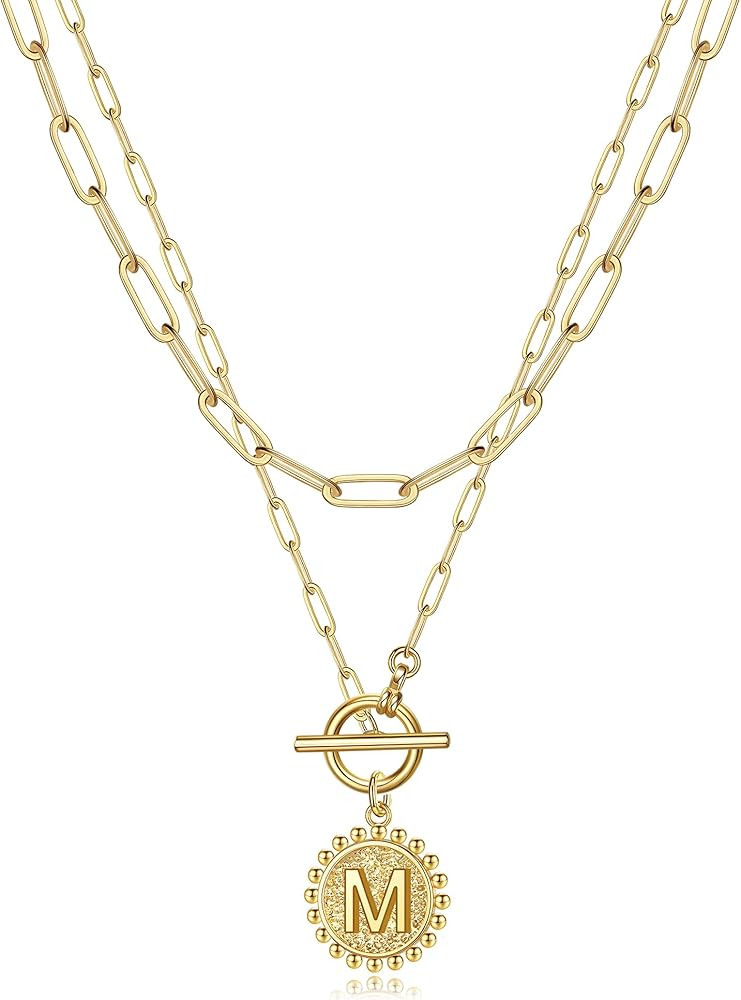 Gold Layered Initial Necklaces for Women, 14K Gold Plated Dainty Layering Paperclip Link Chain Ne... | Amazon (US)
