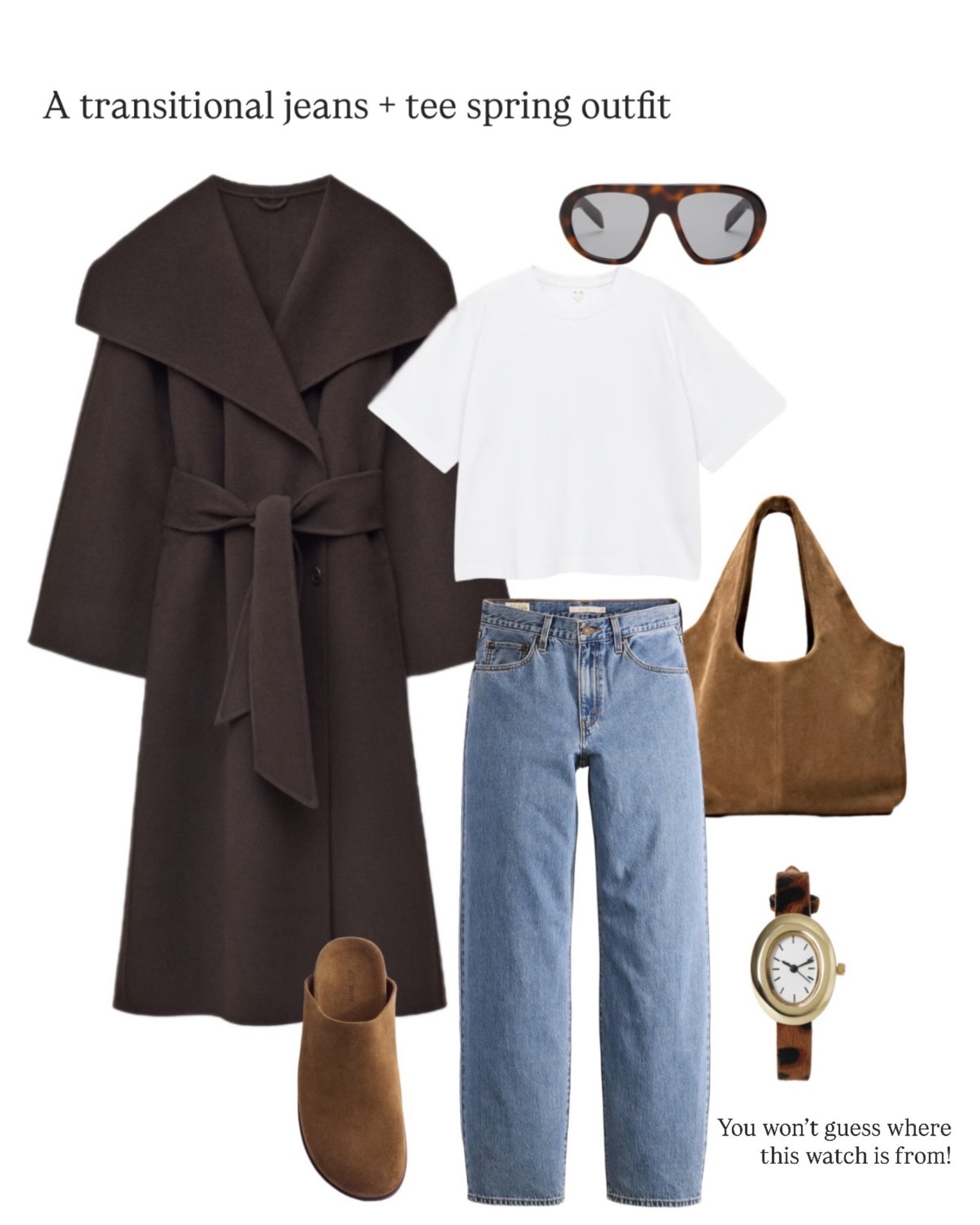 Transitional spring outfit 🤎

styling blue jeans and a white t-shirt with a suede bag and suede mules, aviator sunglasses, trending animal print watch and a classic chocolate brown wrap coat 

Levi’s jeans | & Other Stories | Arket Tee | Marks & Spencer | Massimo Dutti

#LTKspring #LTKuk #LTKspringtrends