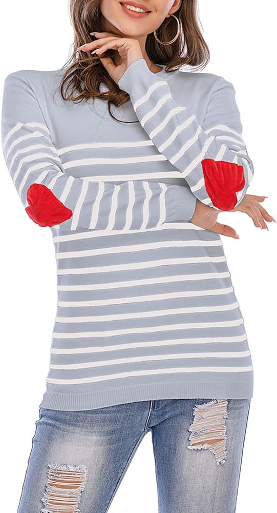 shermie Women's Cute Heart Pattern Elbow Patchwork Casual Crewneck Knitted Sweaters Pullover | Amazon (US)