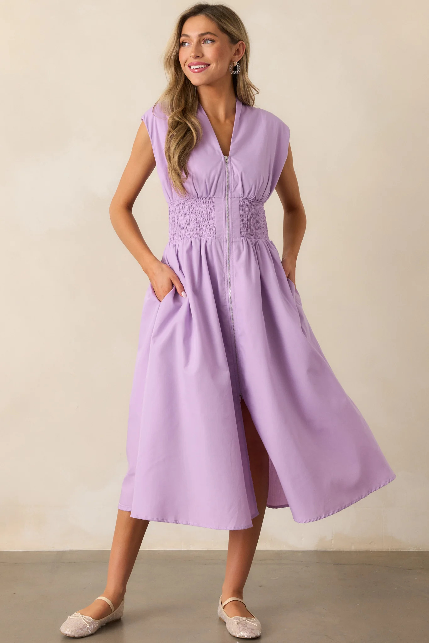 The Evette Lavender Zip Front Midi Dress | Red Dress