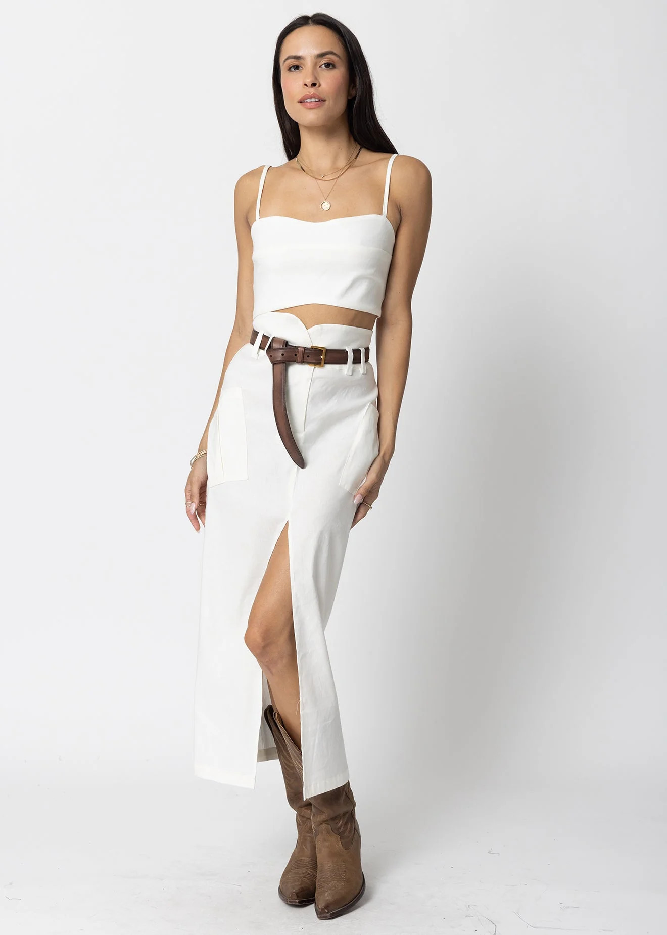 STRETCH LINEN CARGO KNOTCH WAIST MAXI SKIRT | Stillwater Design