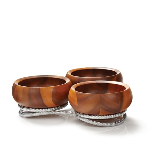 nambe Braid Condiment Server | Serving Bowl for Side Dishes, Dips, Appetizers | Chrome Base | Acacia Wood Dip Bowls | 3 Piece Serving Set | 12-Ounce Bowls | Amazon (US)