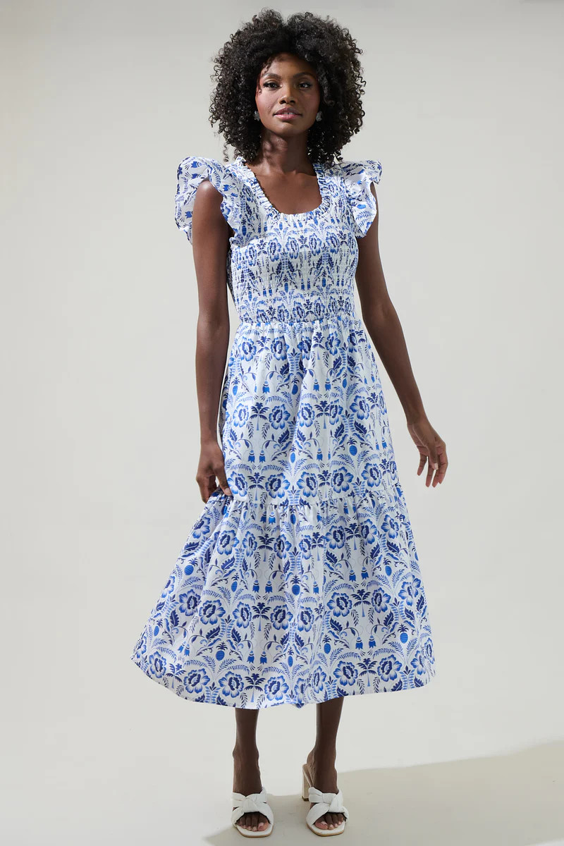 Marisol Floral Giza Glare Smock Tiered Midi Dress | Sugarlips