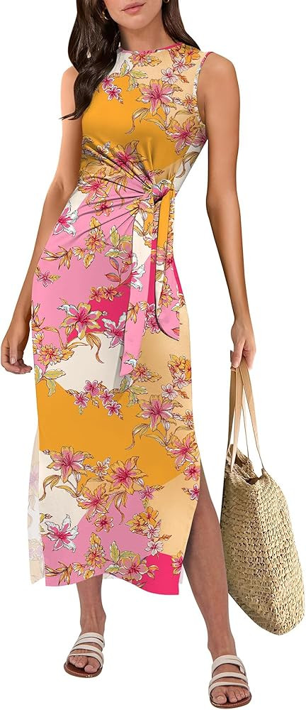 ANRABESS Womens Summer Casual Sleeveless T Shirt Midi Dress Slim Fit Tie Waist Split Tank Long Dr... | Amazon (US)