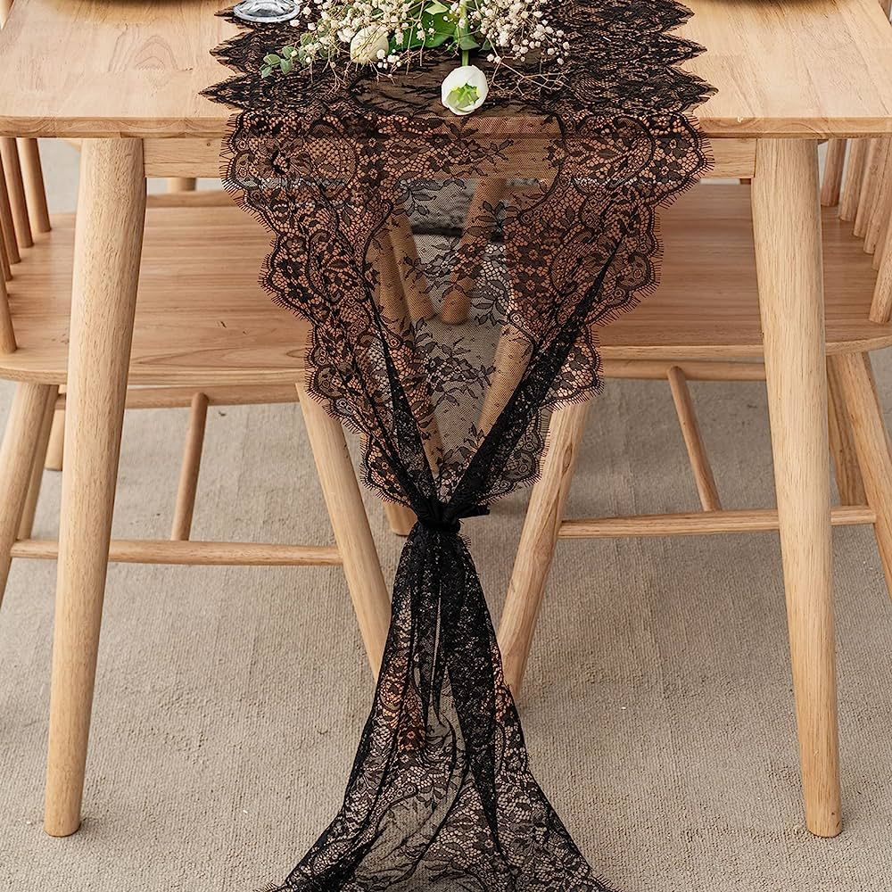 ARKSU Romantic Vintage Lace Table Runner with Embroidered 18X120inch Black Floral Lace Table Runn... | Amazon (US)