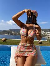Swirl Bikini Set Lace Up Triangle Bra & High Cut Bottom & Beach Skirt & Headband 4 Piece Bathing ... | SHEIN