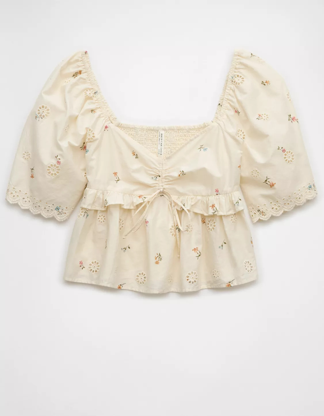 AE Flutter Sleeve Eyelet Babydoll Blouse | American Eagle Outfitters (US & CA)