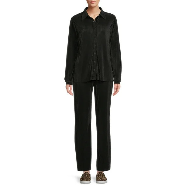 Nine.Eight Women's Crinkle Cut Shirt and Pull On Pants Matching Set, 2-Piece - Walmart.com | Walmart (US)