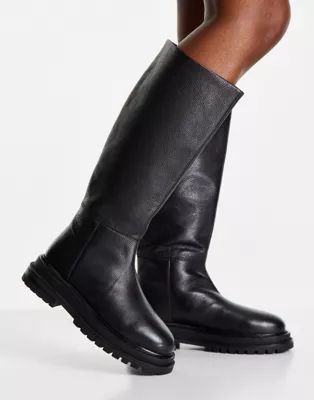 ASOS DESIGN Cameo premium leather pull on knee boots in black | ASOS (Global)