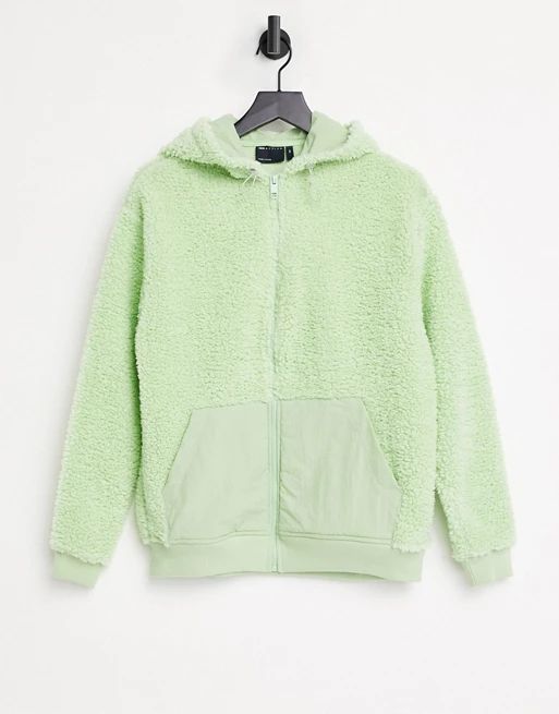 ASOS DESIGN oversized zip up hoodie in teddy with nylon panels in mint | ASOS (Global)
