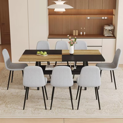 GDFStudio Sumire Modern Wooden 9 Piece Dining Table Set with 8 Linen Upholstered Chairs, Metal Legs and Storage, Black/Light Gray | Target