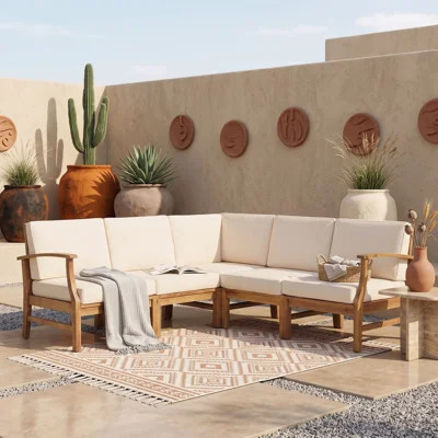 Modular Outdoor Sofa Set, Acacia Wood Patio Sectional with Cushions, Built-In Latches and Corner Seating | Wayfair North America