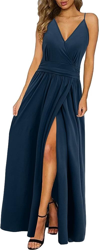 Newshows Women's Summer V Neck Spaghetti Strap Floral Sleeveless Casual Split Long Maxi Dress | Amazon (US)