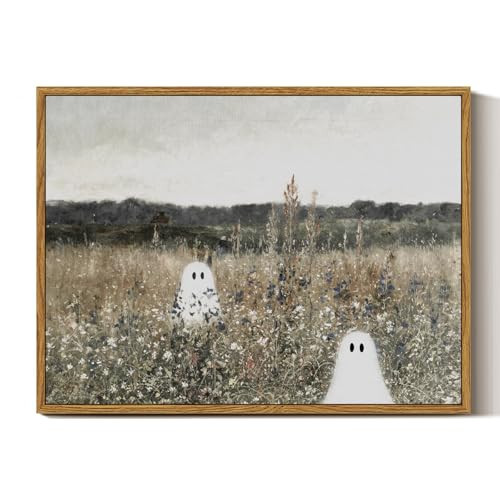 InSimSea Framed Canvas Prints Art Ghost Decor, Vintage Halloween Meadow with Flowers Painting, Spooky Gothic Decor, Rustic Landscape Pictures for Living Room, 12x16inch | Amazon (US)