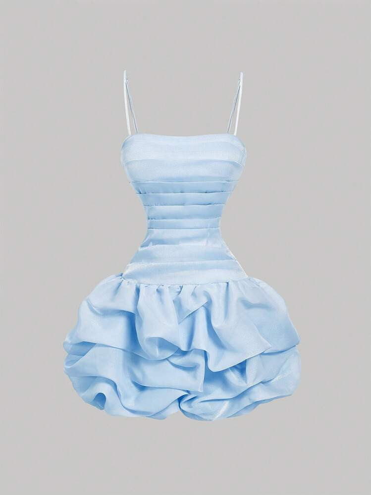 SHEIN MOD Women's Blue Fitted Ruched Bubble Hem Organza Mini Dress,Valentine Day | SHEIN