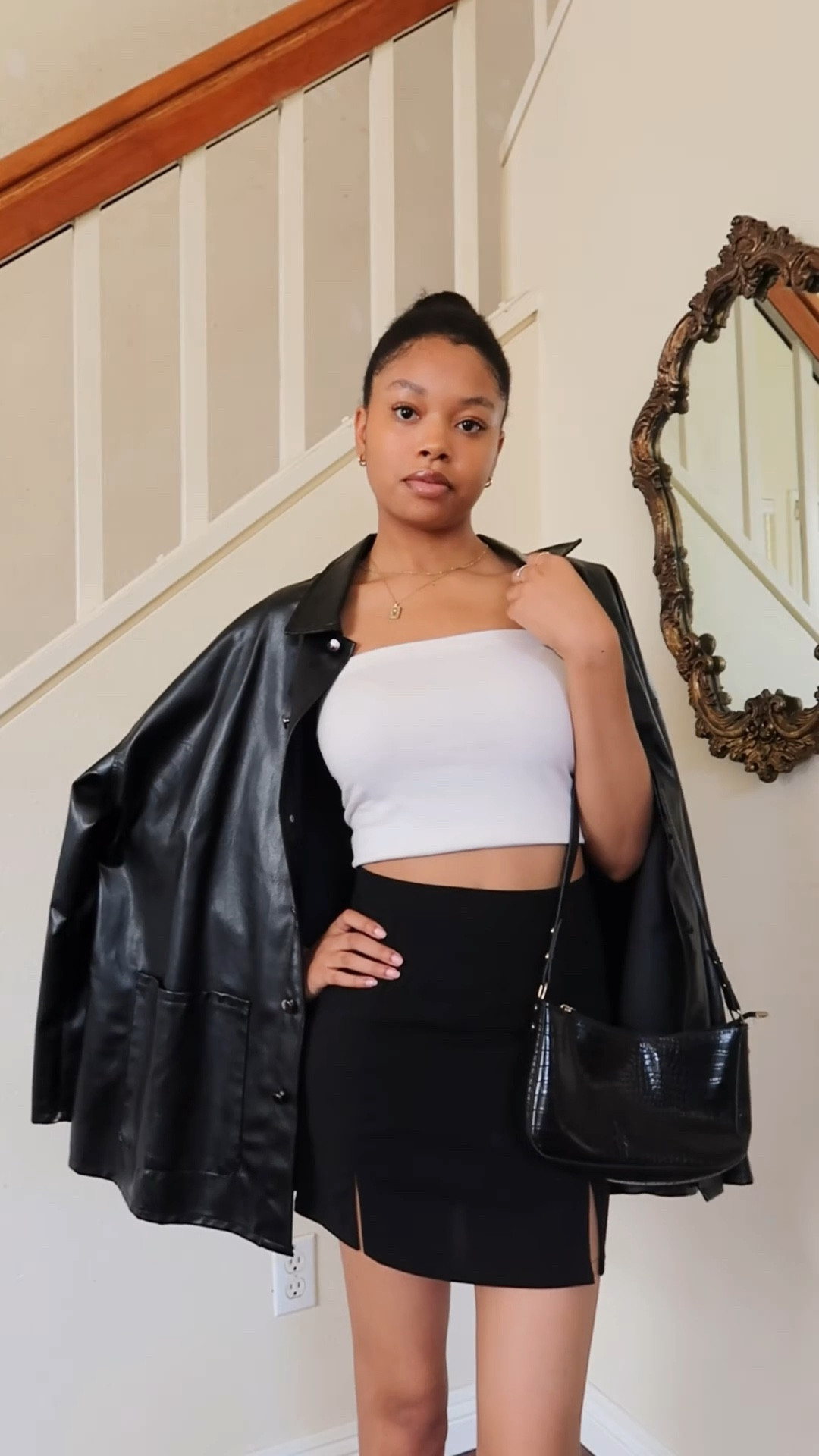 black leather jacket, leather blazer, white tube top, white crop top, mini skirt, skirt with a slit, shoulder bag, snake skin bag, black bag 

#LTKVideo #LTKstyletip #LTKfindsunder100