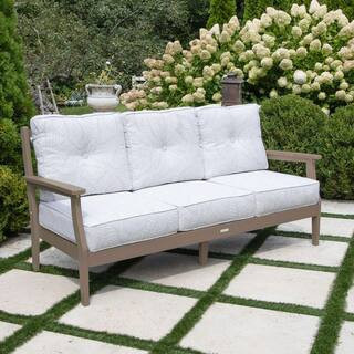 Lehigh Woodland Brown Recycled Plastic Outdoor Deep Seating Sofa / Couch with Sunbrella Lively Parchment Cushions | The Home Depot