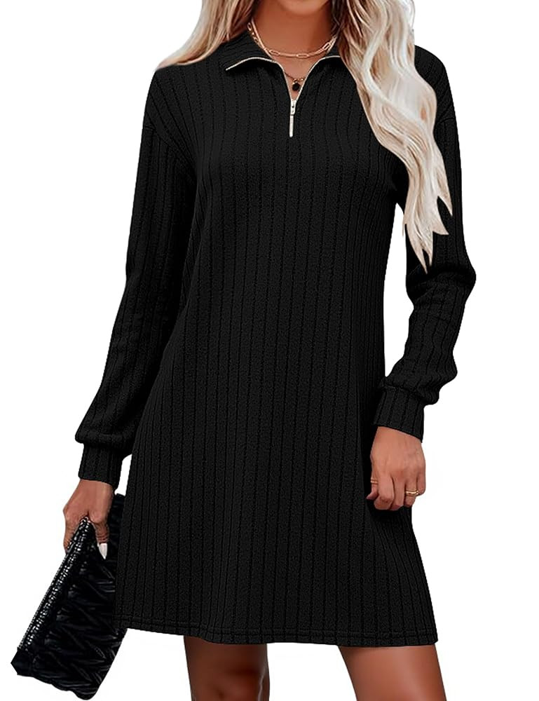 Naggoo Womens Sweater Dresses V Neck Ribbed Knit A Line Long Sleeve Dresses | Amazon (US)
