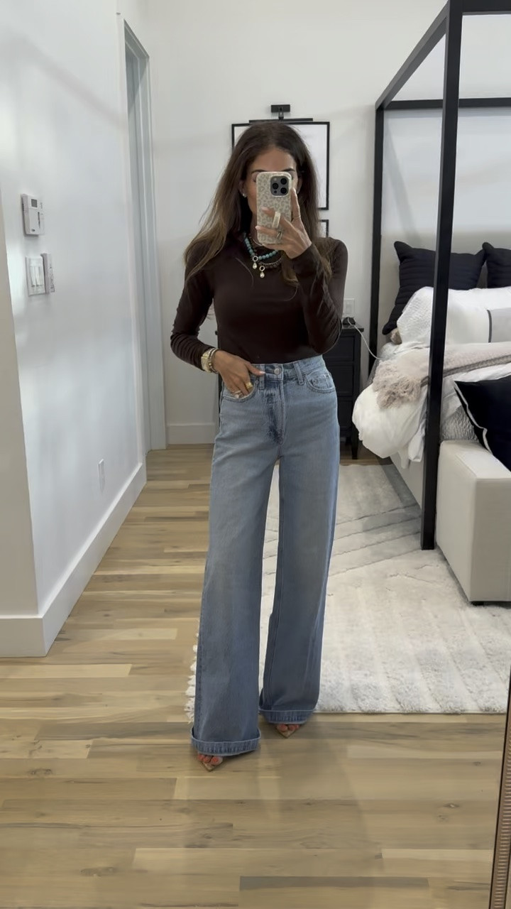 Fall outfit Amazon wool blend top on sale size xs flare jeans size 23