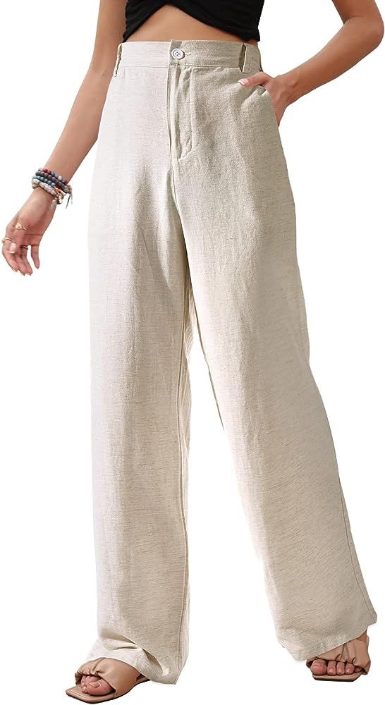 HEEKPEK Linen Pants for Women Straight Wide Leg Flowy Pants High Waisted Trousers Casual Button U... | Amazon (US)