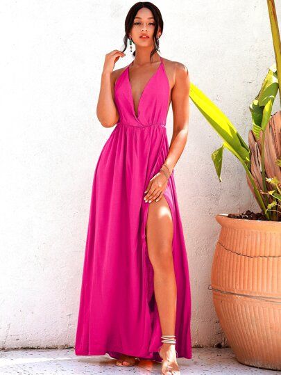 Tie Backless Plunging Neck Wrap Hem Maxi Dress | SHEIN