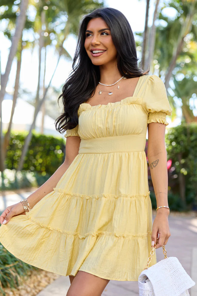 Easily Loved Yellow Babydoll Short Sleeve Mini Dress - M | Pink Lily