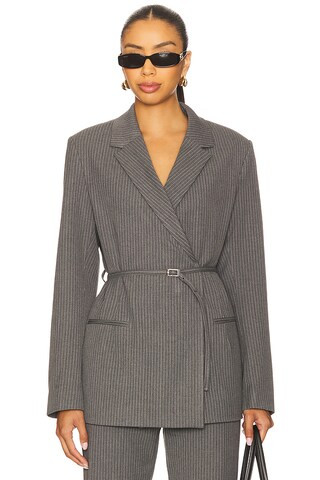 SAMSOE SAMSOE Salot Belt Blazer in Dark Gull Gray Pinstripe from Revolve.com | Revolve Clothing (Global)