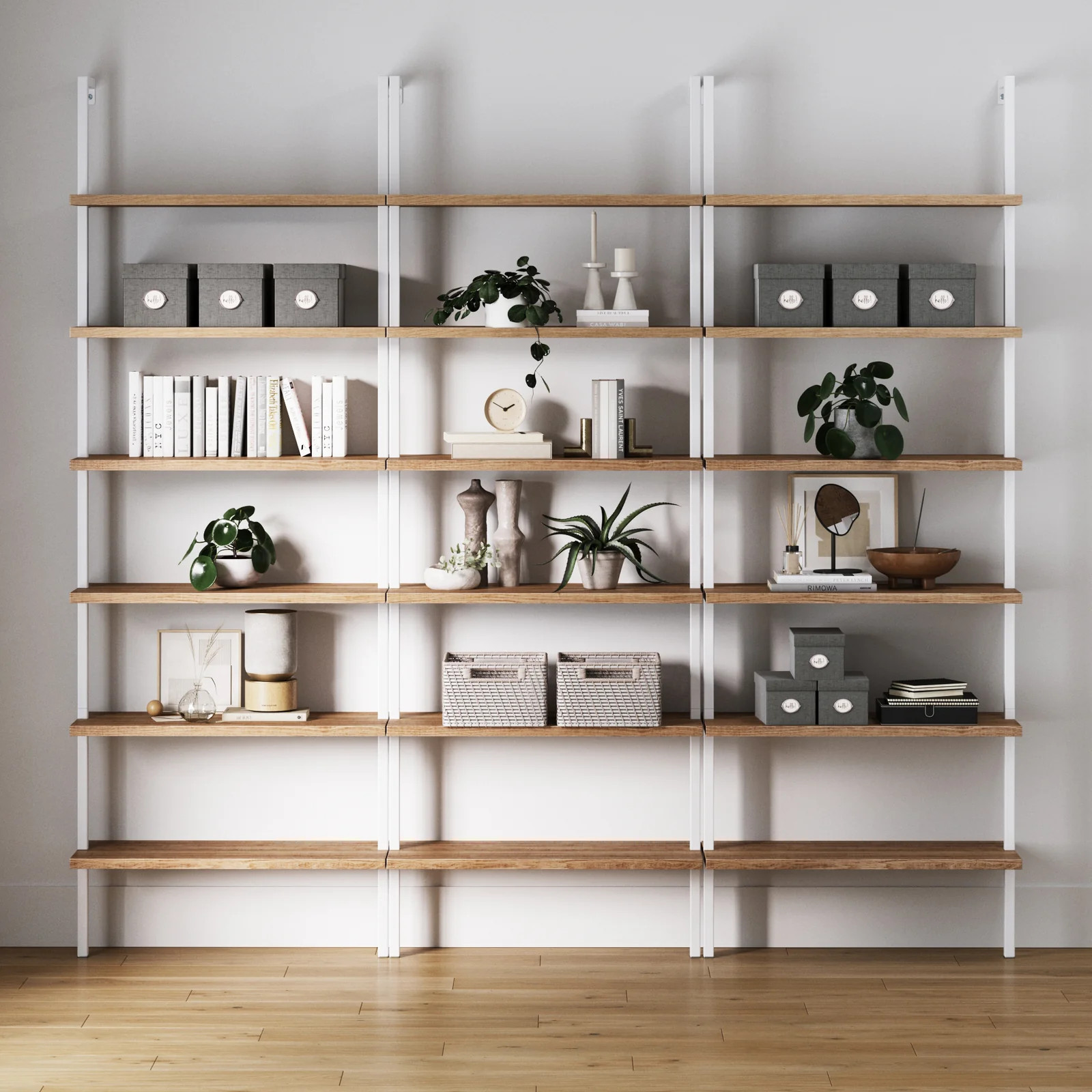 6-Shelf Bookcase Oak Matte White (Set of 3) | Nathan James