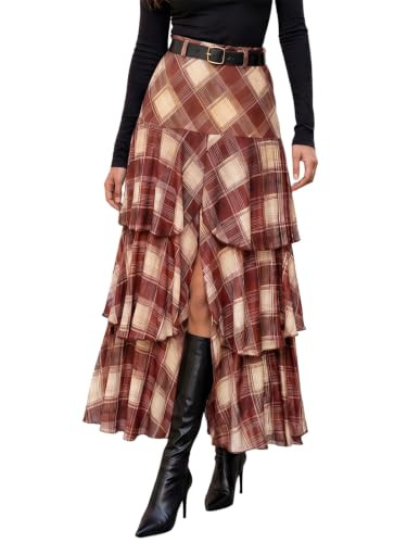 Wenrine Womens Mesh Maxi Skirt Polka Dot Front Split Tiered Plaid Skirts | Amazon (US)