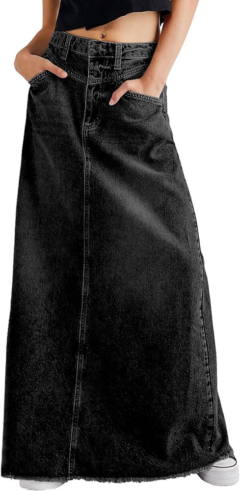 CHARTOU Women Vintage Denim Maxi Skirt Frayed Raw Hem High Waist A-Line Long Jean Skirt | Amazon (US)