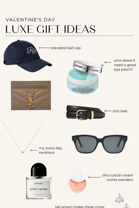 Luxe Valentine’s Day gift ideas!
Ritz Paris ball cap
Eye masks
Ysl designer card case
Belt
Celine sunglasses
Diamond earrings
Diamond necklace
Byredo fragrance
Cuticle cream from Dior beauty 
Gift guide 
Gifts
Galentine’s 

#LTKGiftGuide