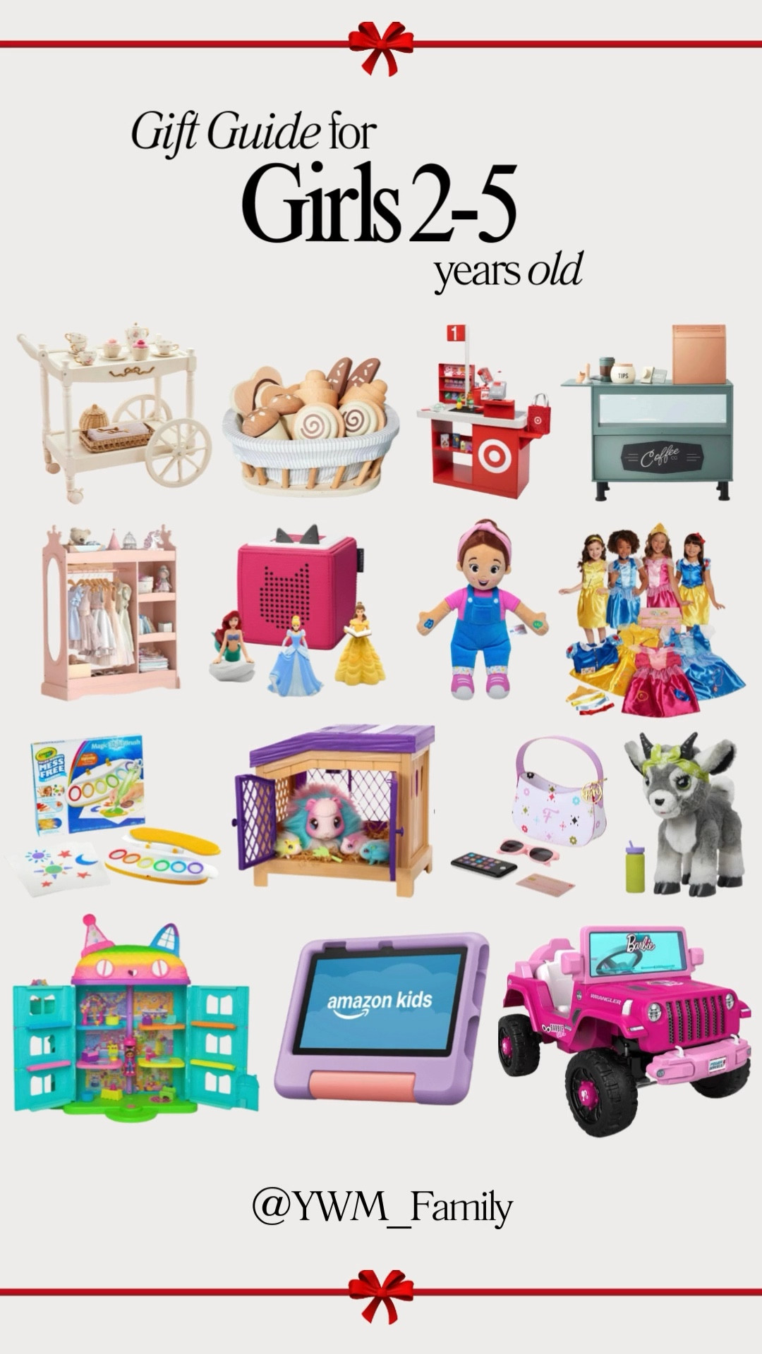 🎁 Girls 2-5 Gift Guide 🎀

Kids Dress-Up Wardrobe with Mirrors – Organize and play dress-up in style! #DressUpFun #CreativePlay

Disney Princess Dress-Up Trunk Deluxe – A trunk full of magical princess costumes! #DisneyMagic #ImaginativePlay

Target Toy Checklane – Pretend shopping fun with accessories, play money, and a toy cash register. #MiniShopper #PretendPlay

Little Live Pets Mama Surprise Guinea Pigs – Interactive guinea pig fun with colorful surprises! #InteractivePets #KidsFavorites

Tonies Disney Audio Player Bundle – Listen to Belle, Cinderella, and Ariel’s stories. #ScreenFreeFun #DisneyMagic

Toy Coffee Barista Station – Brew pretend coffee with this realistic barista station. #MiniBarista 
#PretendPlayDreams

Toy Baked Goods Food Set – Creative baking play with cute pretend treats. #MiniChef #KitchenFun

LoveShackFancy Tea Cart – Elegant tea cart for fancy make-believe tea parties. #TeaPartyTime #ChicPlay

Ms. Rachel Speak & Sing Doll – Sing and learn with Ms. Rachel’s interactive doll. #LearningToys #MusicAndFun

Gabby's Dollhouse Purrfect Celebration Playset – Join Gabby in this fun-filled playset adventure. #GabbyCats #CreativePlay

FAO Schwarz Soho Handbag & Accessories – Stylish mini handbag and accessories for dress-up fun. 
#MiniFashionista #PretendPlay

furReal Daisy the Yoga Goat – An adorable interactive goat that stretches and plays. #InteractiveFun #FurReal

Crayola Color Wonder Magic Light Brush Set – Mess-free painting magic with light-up brushes. #CreativeKids #MessFreeFun

Amazon Fire 7 Kids Tablet – Kid-friendly tablet with ad-free content and parental controls. #TechForKids #LearningMadeFun

Power Wheels Barbie Jeep Wrangler – Ride in style with this Barbie-themed adventure jeep. #OutdoorFun #BarbieDreams

Which one is your little one's favorite? 💕


#LTKKids #LTKGiftGuide #LTKCyberWeek