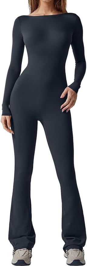 QINSEN Womens Sexy Open Back Long Sleeve Flared Bottom Pants Romper Bodycon Jumpsuit | Amazon (US)