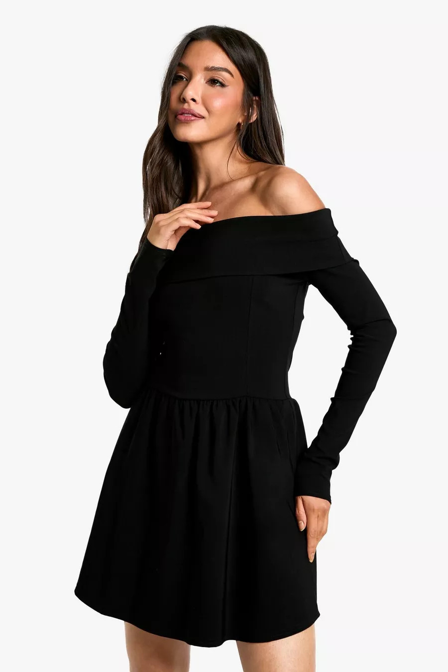 Bengaline bardot fold over skater dress | Boohoo.com (UK & IE)