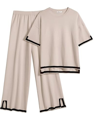 Ekouaer Lounge Set for Women Travel Outfits 2 Piece Sets Short Sleeve Sweater Top Wide Leg Long Pants Loungewear Moon Gray XXL | Amazon (US)