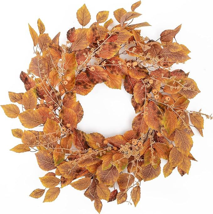 YNYLCHMX Fall Wreath for Front Door Outside 18” Autumn Wreath Golden Leaves Eucalyptus Berries ... | Amazon (US)