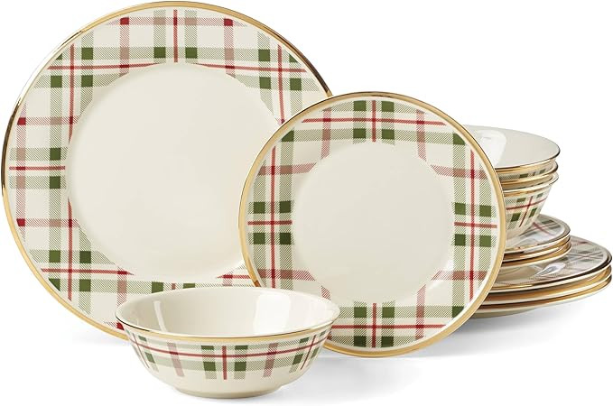 Lenox 894963 Holiday Plaid 12-Piece Dinnerware Set, Red & Green, Christmas, Hosting | Amazon (US)