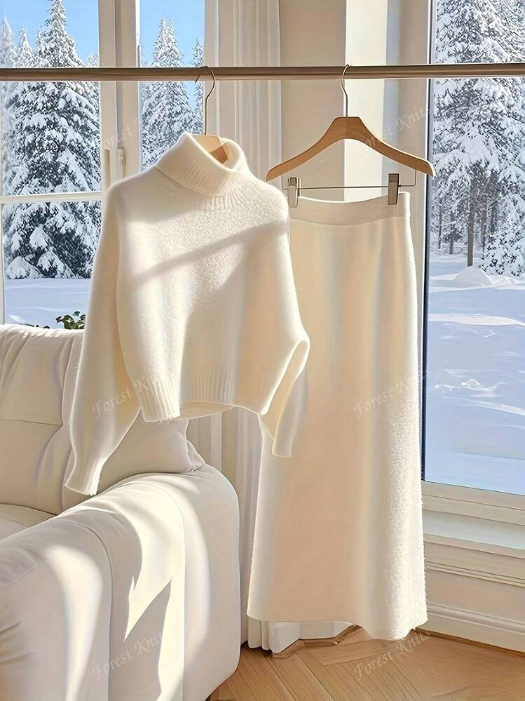 Women Casual Knitted Sweater & Long Skirt Set, High Neck Pullover And Maxi Skirt Combo, Plain Color, Autumn/Winter | SHEIN