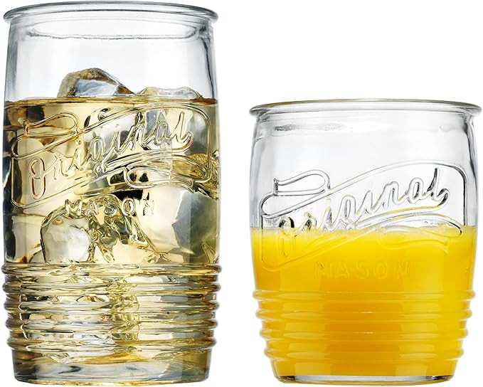 Glaver's Original Mason Set of 8 Drinking Glasses 4-20 Oz Highball Glasses, and 4-13 Oz Whiskey G... | Amazon (US)