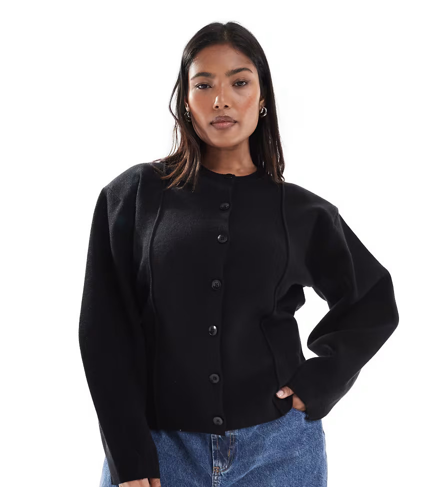 ASOS DESIGN Curve structured shoulder pad waisted crew neck cardigan in black | ASOS (Global)