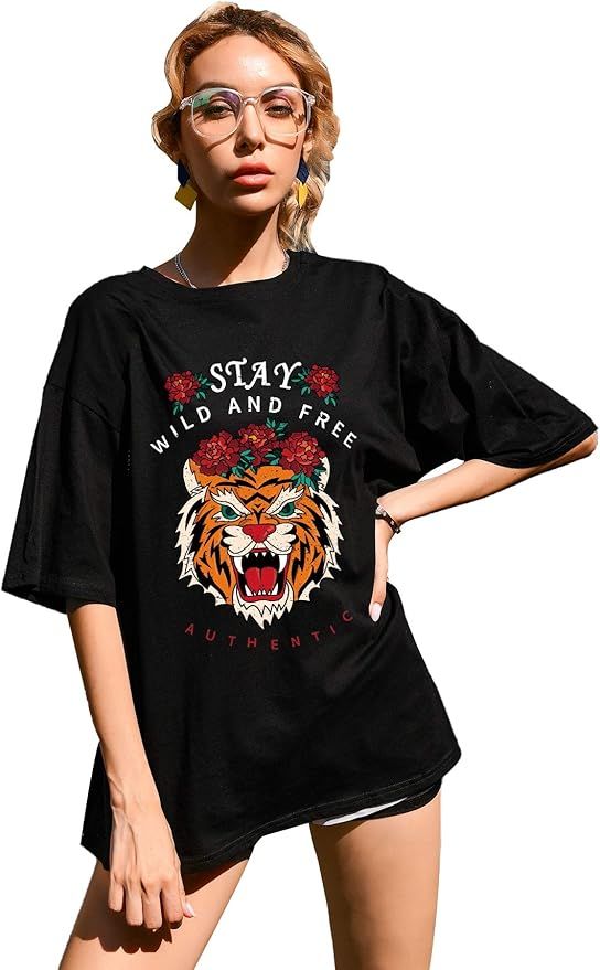Romwe Women's Oversize Drop Shoulder Half Sleeve Graphic Letter Print Loose Tshirts | Amazon (US)