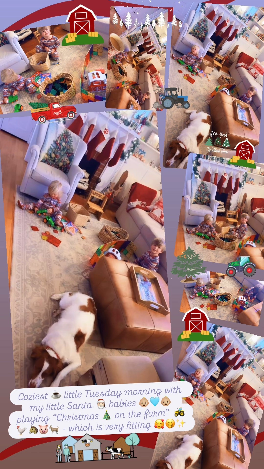 Coziest ☕️ little Tuesday morning with my little Santa 🎅🏻 babies 👶🏼🩵👶🏼 playing “Christmas 🎄 on the farm”  🚜🐓🐴🐷🐐 - which is very fitting 🥰🤭✨

#LTKSeasonal #LTKHoliday #LTKFamily