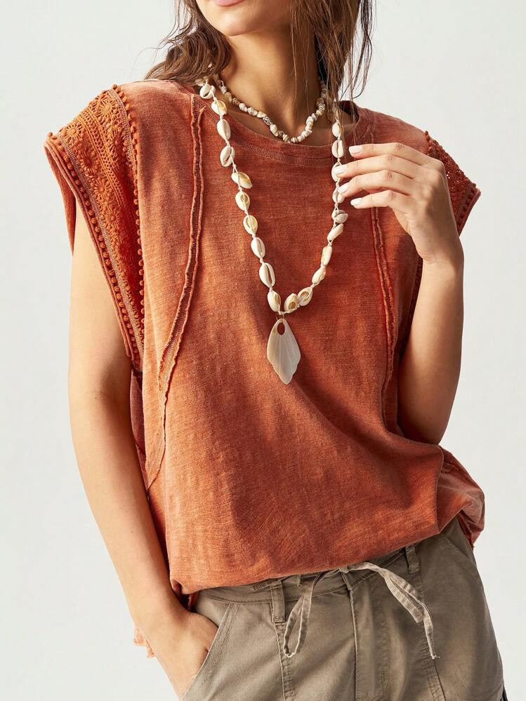 Bohemela Plus Size Women Summer Casual Solid Color Knit Round Neck Batwing Sleeve Patchwork Lace Wash T-Shirt,Vintage | SHEIN