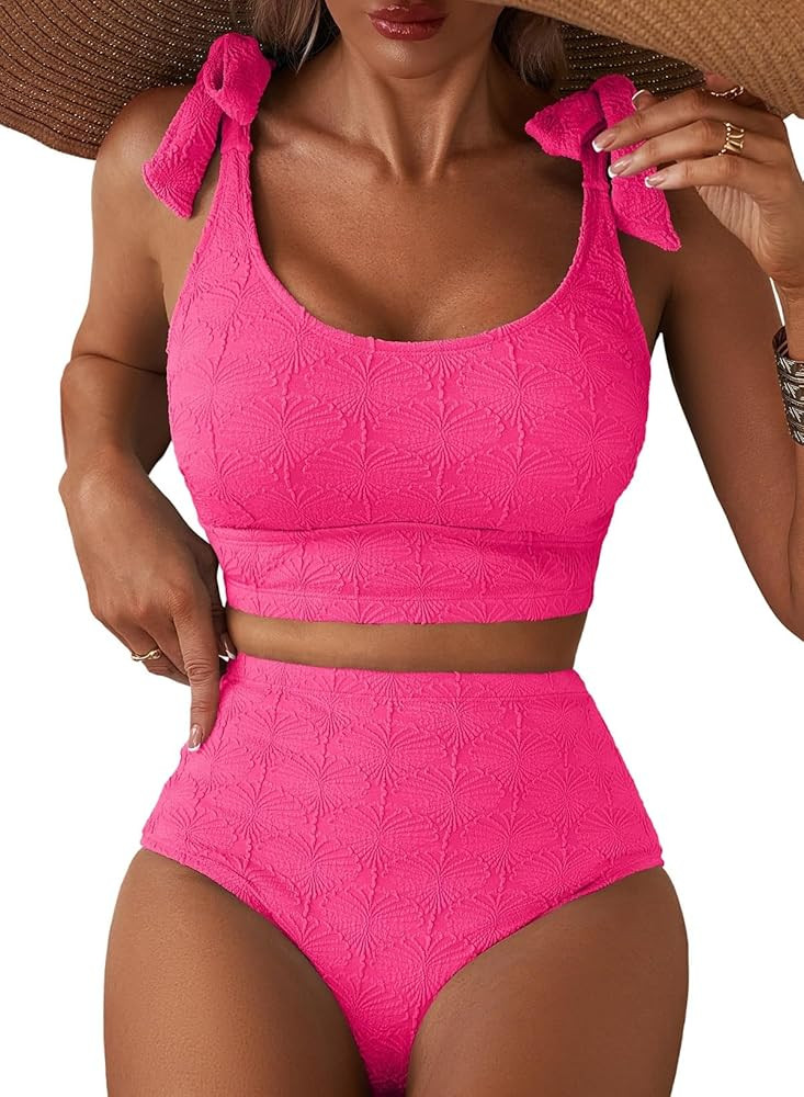 Herseas Women 2 Piece High Waisted Bikini Sets Seashell Textured Tie Strap Swimsuits Bathing Suit... | Amazon (US)