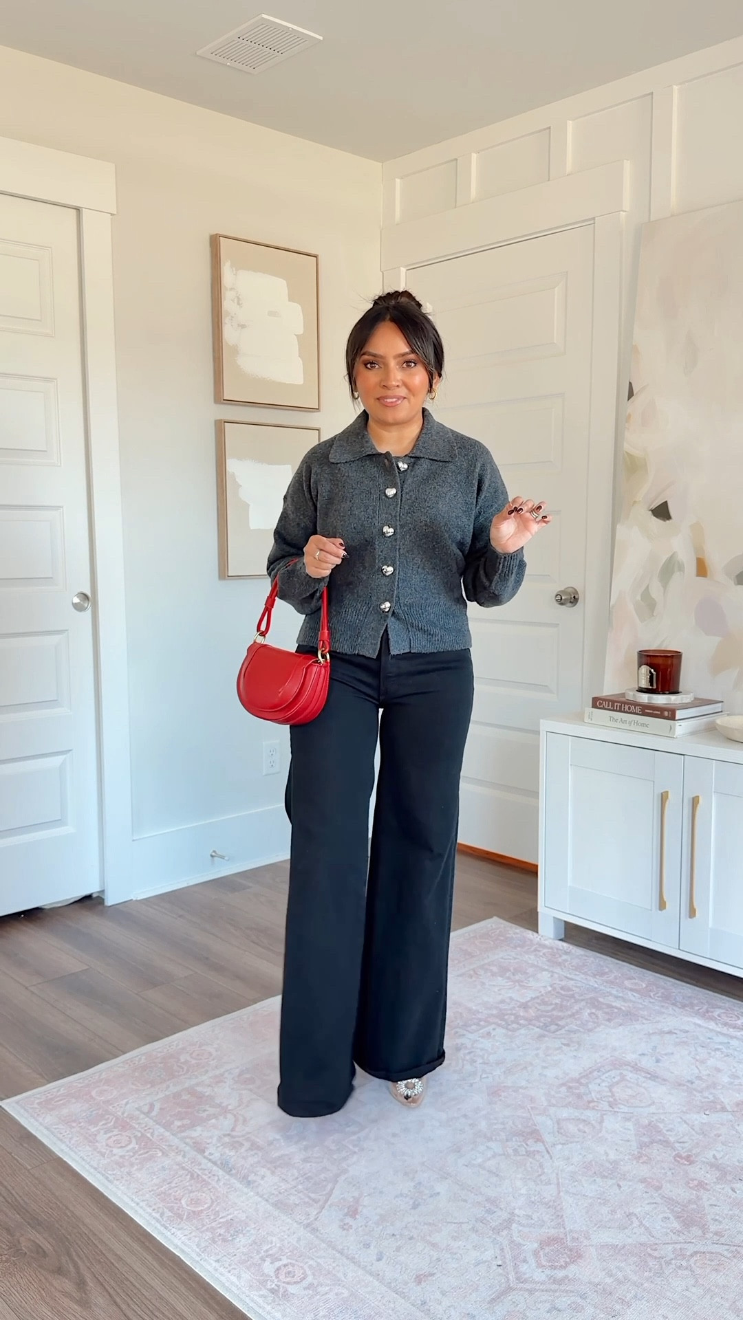 Charcoal gray heart button cardigan sweater size xs TTS
Black flare jeans size 26 petite TTS
Rhinestone clear heels - old, similar linked

#LTKPetite #LTKSaleAlert #LTKStyleTip