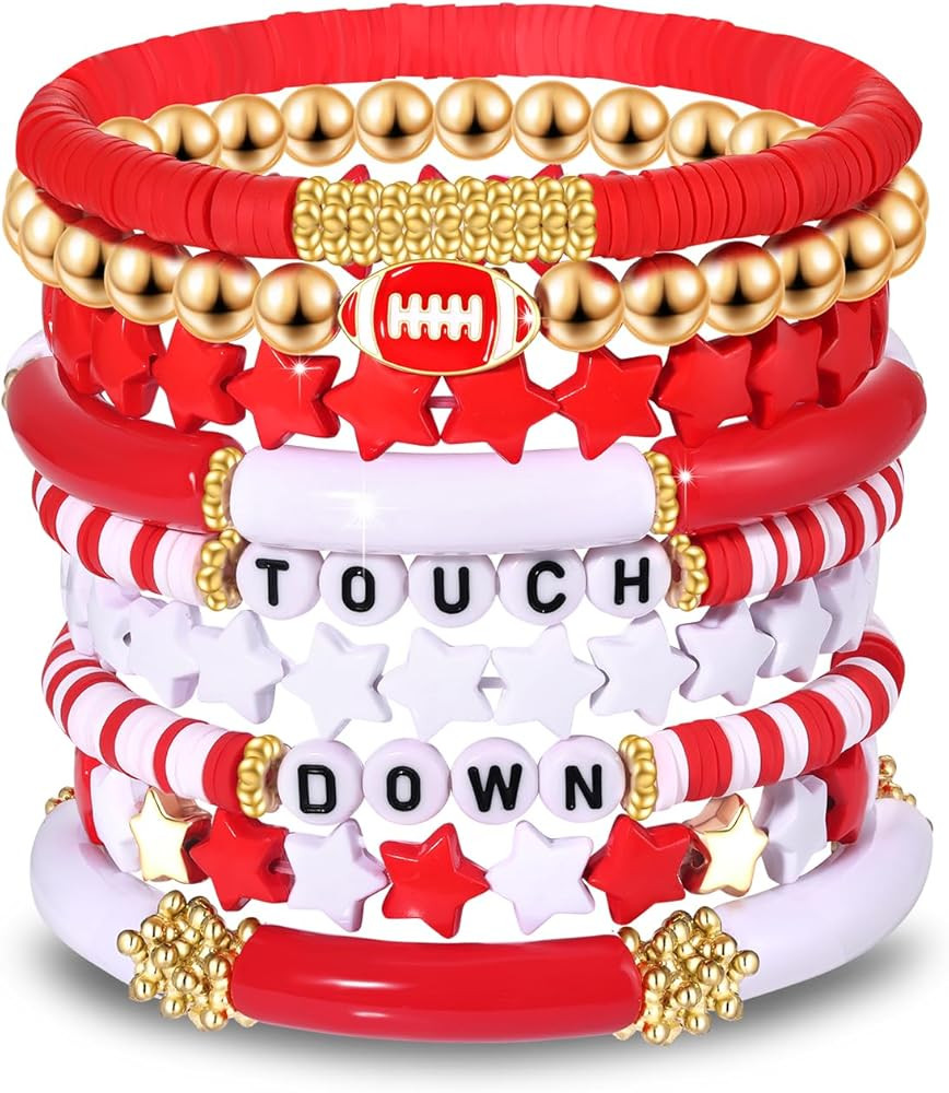 Game Day Bracelets for Women Football Bracelets Red Black Blue Heishi Clay Beaded Stretch Bracele... | Amazon (US)
