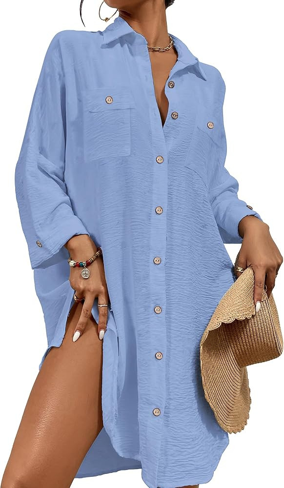 Bsubseach Womens Modern Swimsuit Cover Up Blouse Button Down Shirt Dresses Tops | Amazon (US)