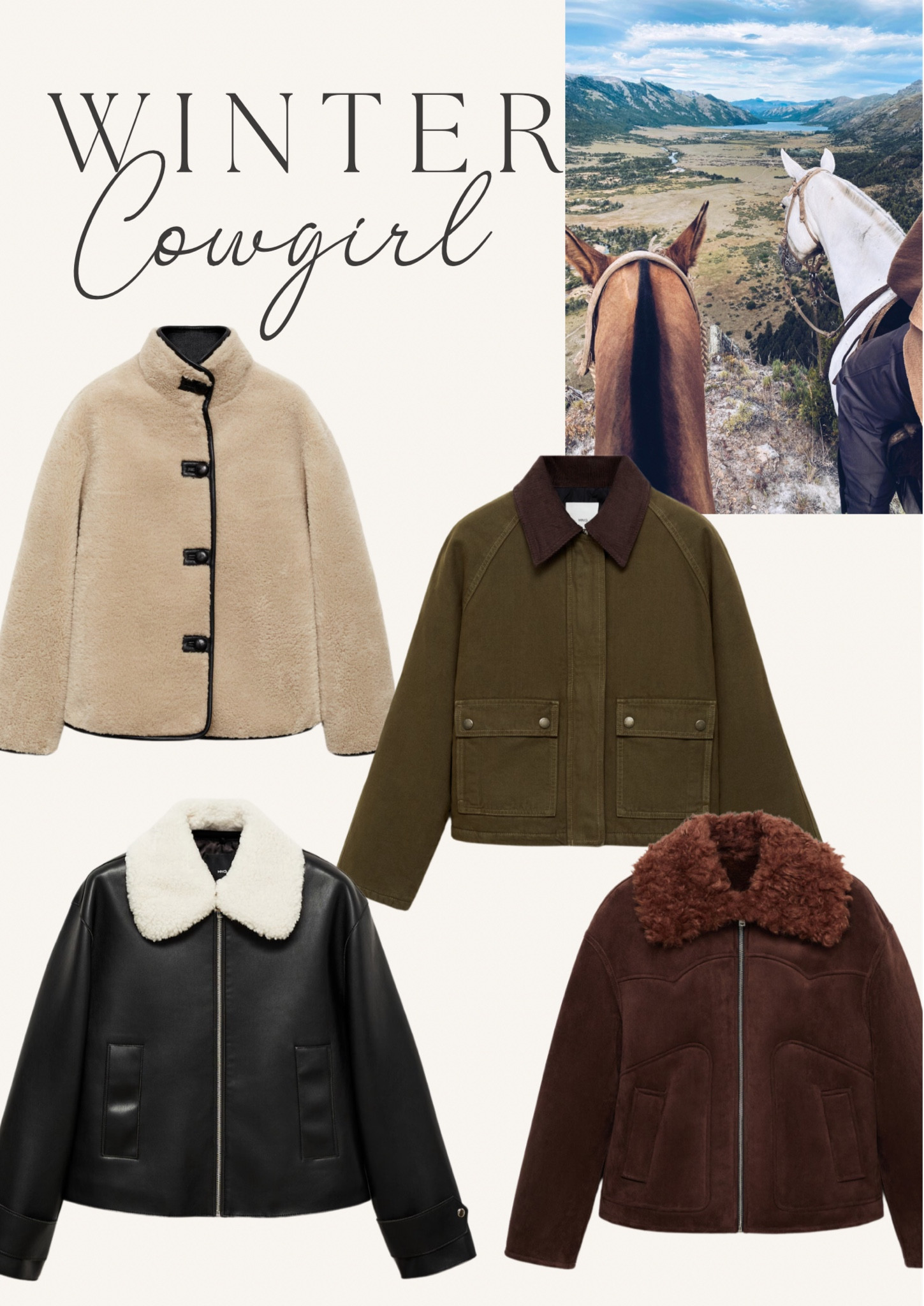 Winter coats. Winter jackets.  Sherpa jacket. Shearling collar. Chocolate brown coat. Ecru jacket. Leather cropped jacket. Detachable sterling collar. Winter cowgirl. Cowgirl style. Mango. Denim parka. Bomber jacket. 

#LTKSeasonal